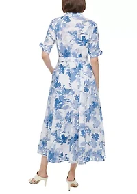 Women's Short Sleeve Collar Neck Floral Print Midi Dress