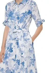 Women's Short Sleeve Collar Neck Floral Print Midi Dress