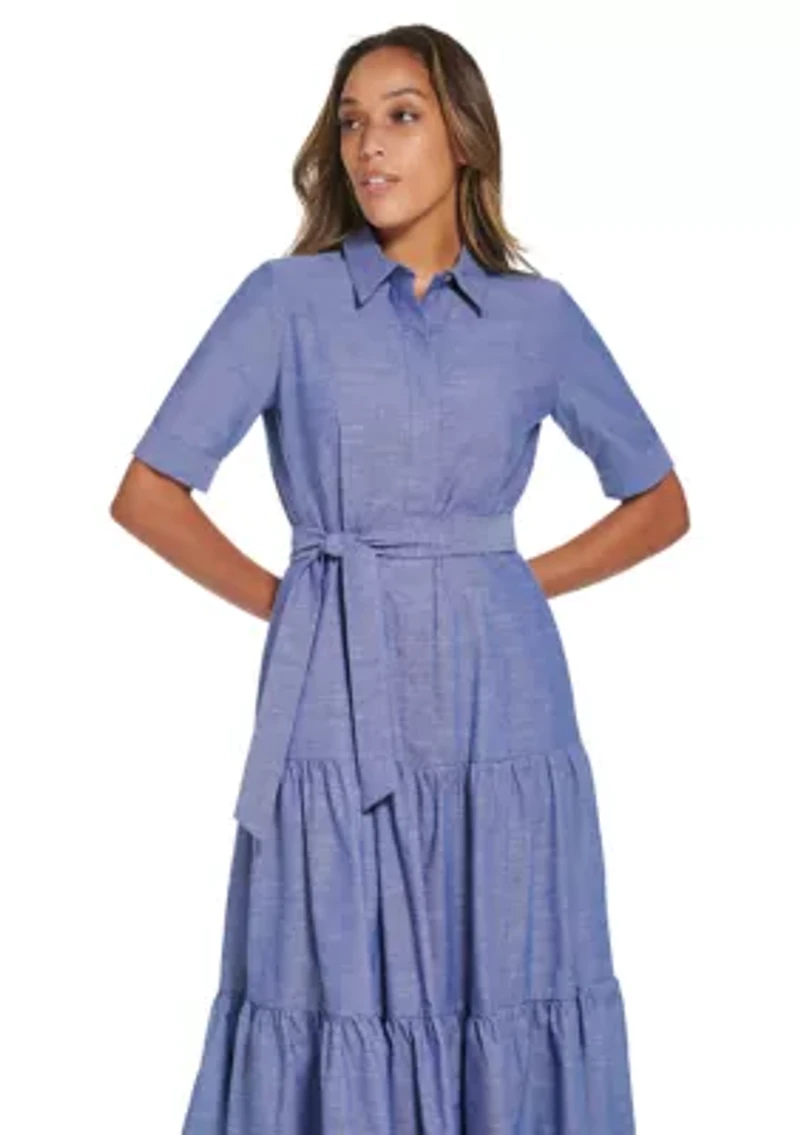 Women's Elbow Sleeve Collared Belted Dress