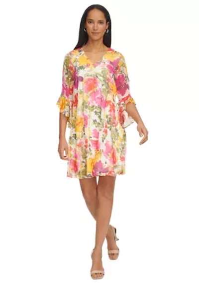 Women's Bell Sleeve Floral V-Neck Dress