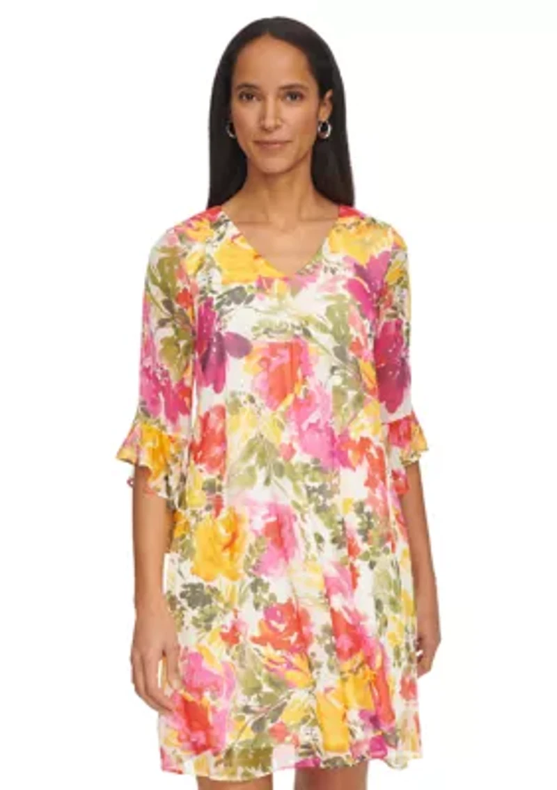 Women's Bell Sleeve Floral V-Neck Dress