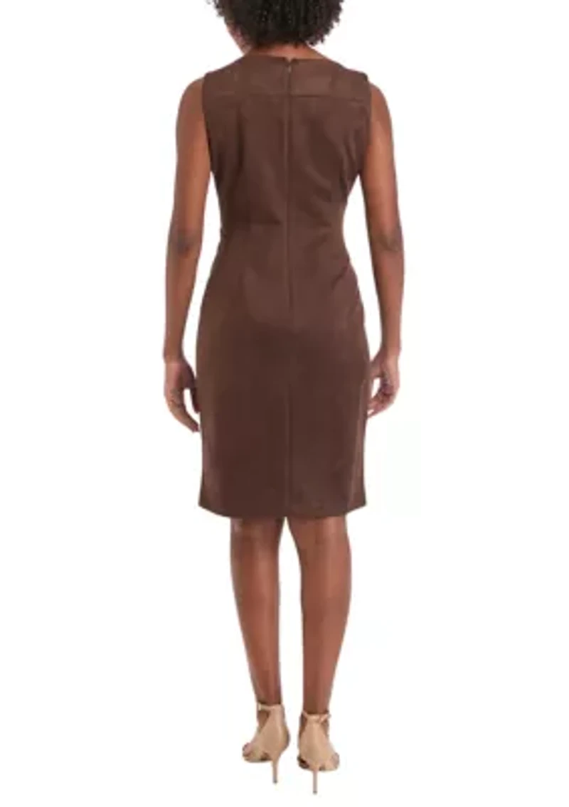 Women's Sleeveless Crew Neck Solid Side Ruch Suede Sheath Dress