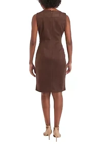 Women's Sleeveless Crew Neck Solid Side Ruch Suede Sheath Dress