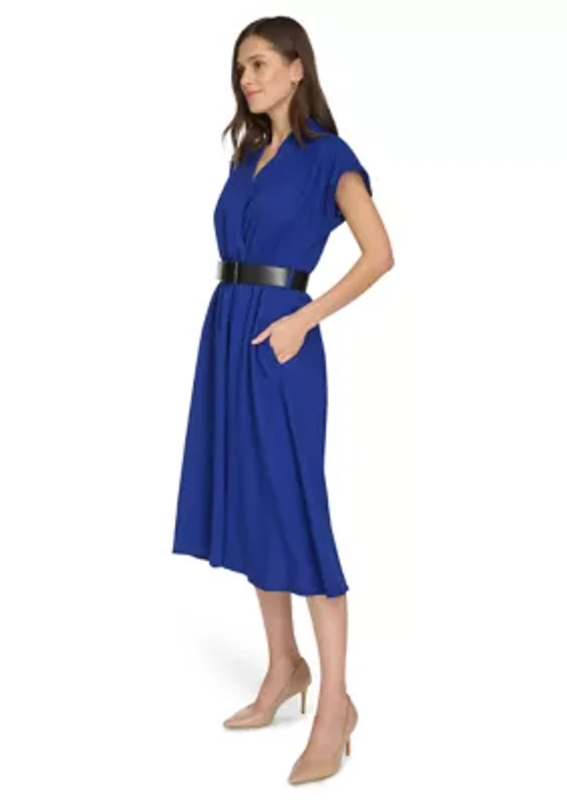 Women's Short Sleeve V-Neck Belted Fit and Flare Dress