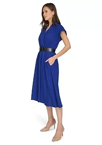 Women's Short Sleeve V-Neck Belted Fit and Flare Dress