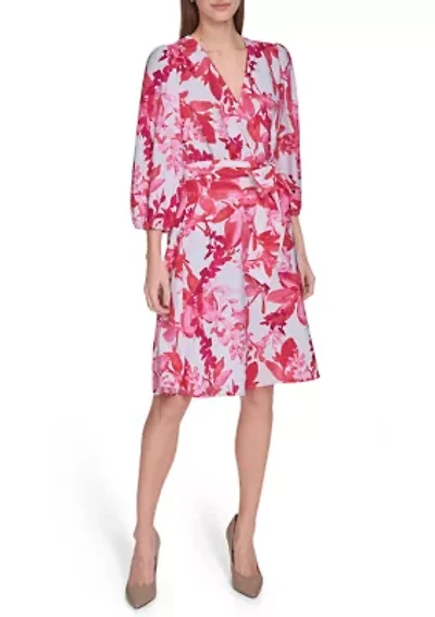 Women's 3/4 Sleeve V-Neck Floral Print Wrap Fit and Flare Dress