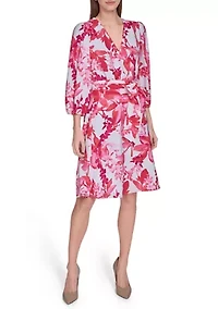 Women's 3/4 Sleeve V-Neck Floral Print Wrap Fit and Flare Dress