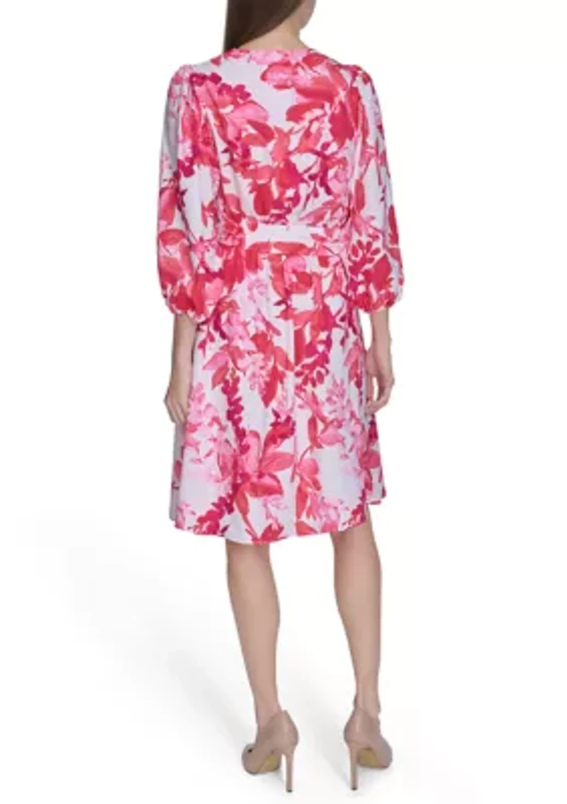 Women's 3/4 Sleeve V-Neck Floral Print Wrap Fit and Flare Dress