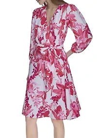 Women's 3/4 Sleeve V-Neck Floral Print Wrap Fit and Flare Dress