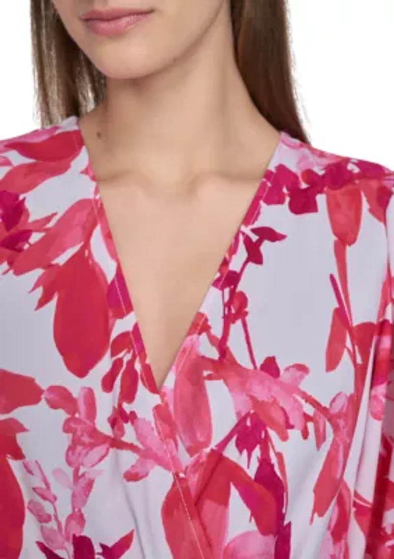 Women's 3/4 Sleeve V-Neck Floral Print Wrap Fit and Flare Dress