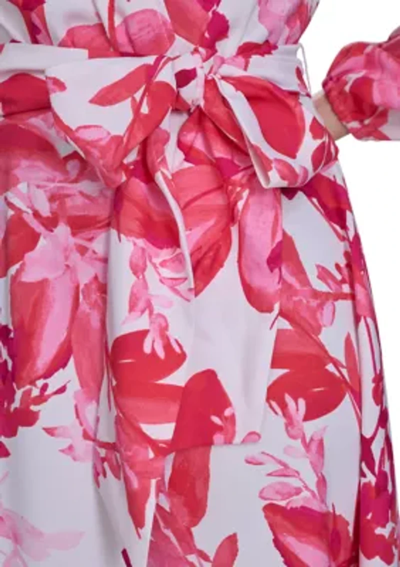 Women's 3/4 Sleeve V-Neck Floral Print Wrap Fit and Flare Dress