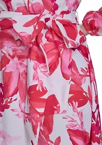 Women's 3/4 Sleeve V-Neck Floral Print Wrap Fit and Flare Dress