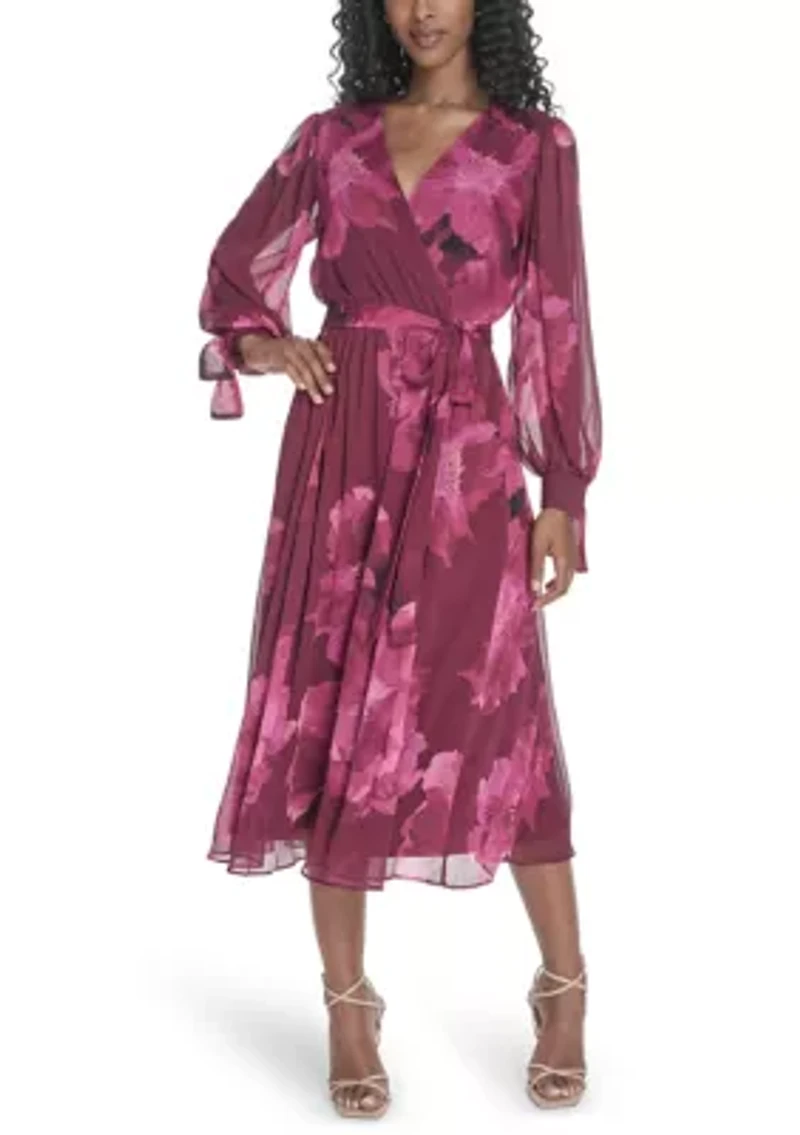 Women's Long Sleeve V-Neck Floral Print Fit and Flare Dress