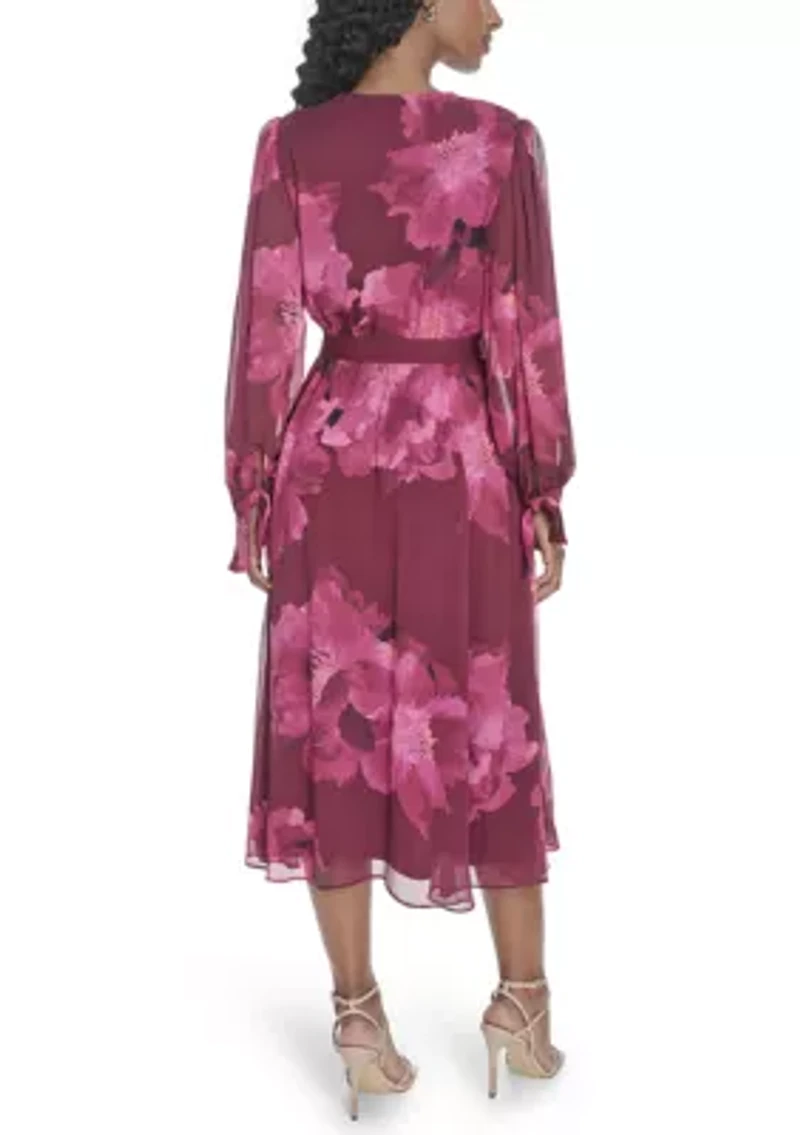 Women's Long Sleeve V-Neck Floral Print Fit and Flare Dress