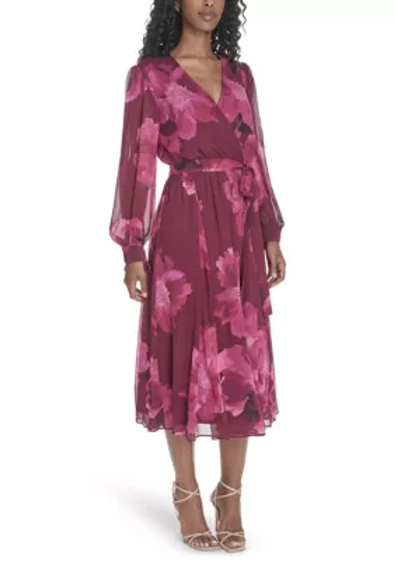 Women's Long Sleeve V-Neck Floral Print Fit and Flare Dress