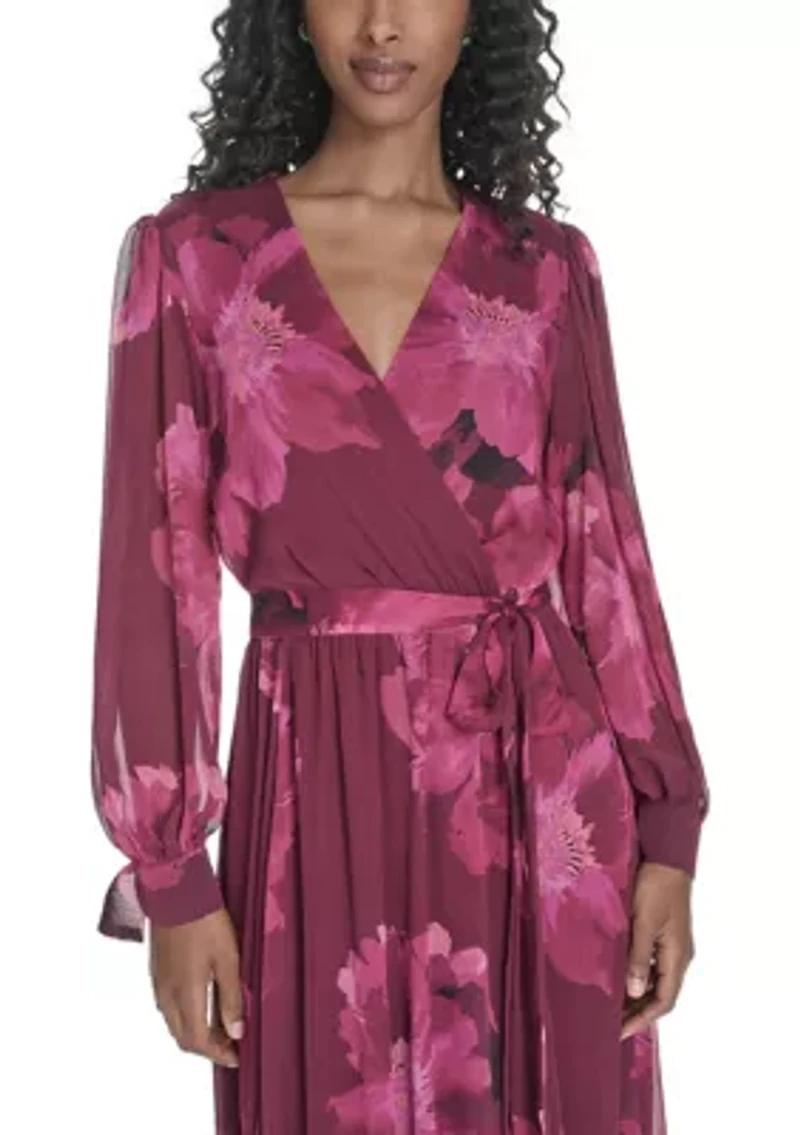 Women's Long Sleeve V-Neck Floral Print Fit and Flare Dress