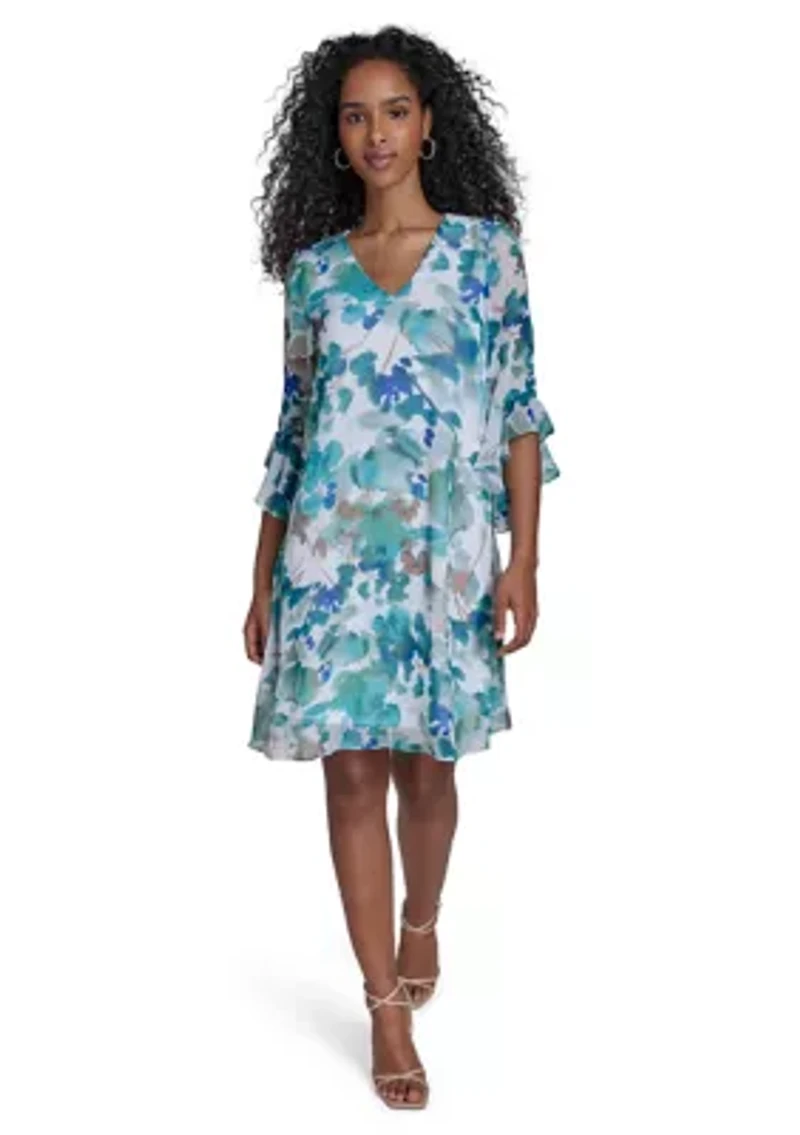 Women's 3/4 Sleeve V-Neck Floral Print A-Line Dress