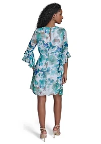 Women's 3/4 Sleeve V-Neck Floral Print A-Line Dress