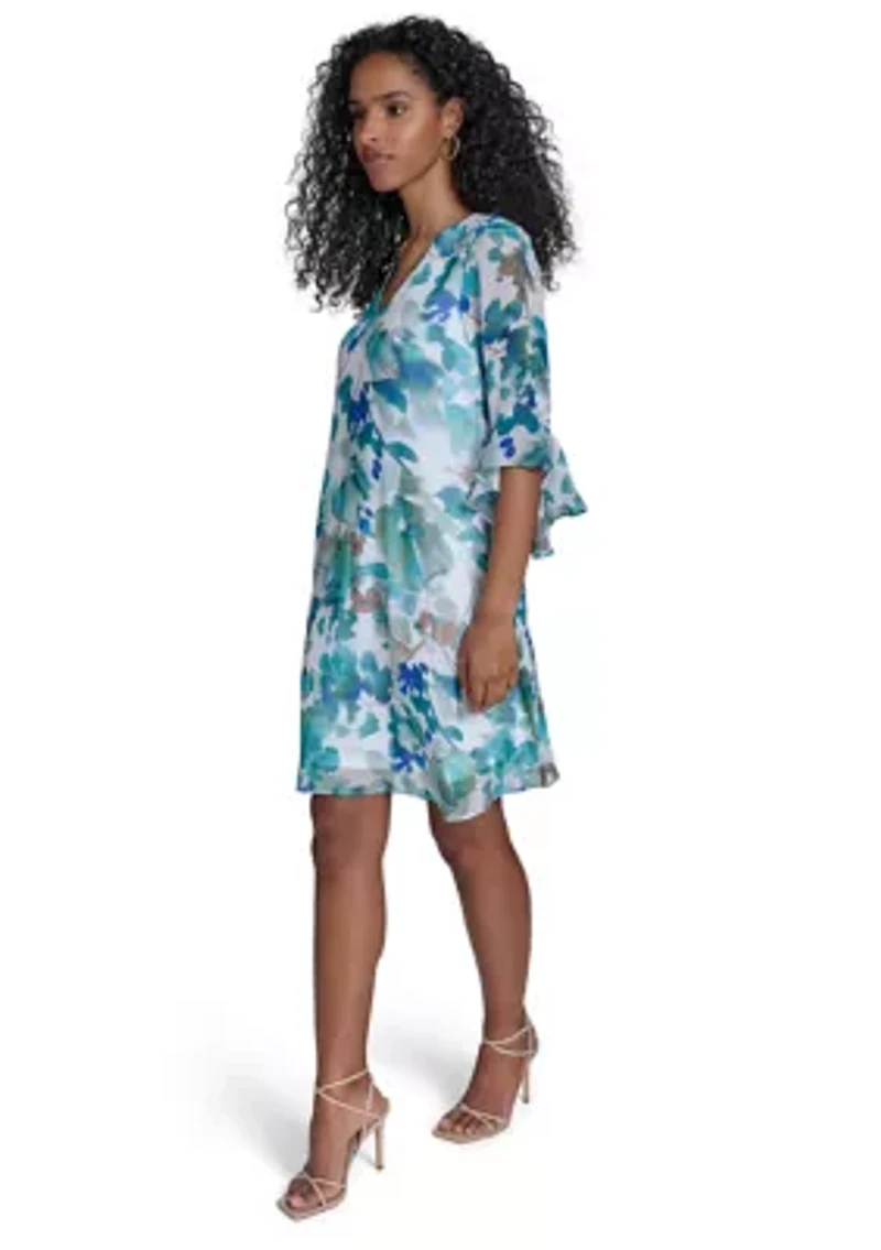 Women's 3/4 Sleeve V-Neck Floral Print A-Line Dress