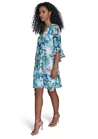 Women's 3/4 Sleeve V-Neck Floral Print A-Line Dress