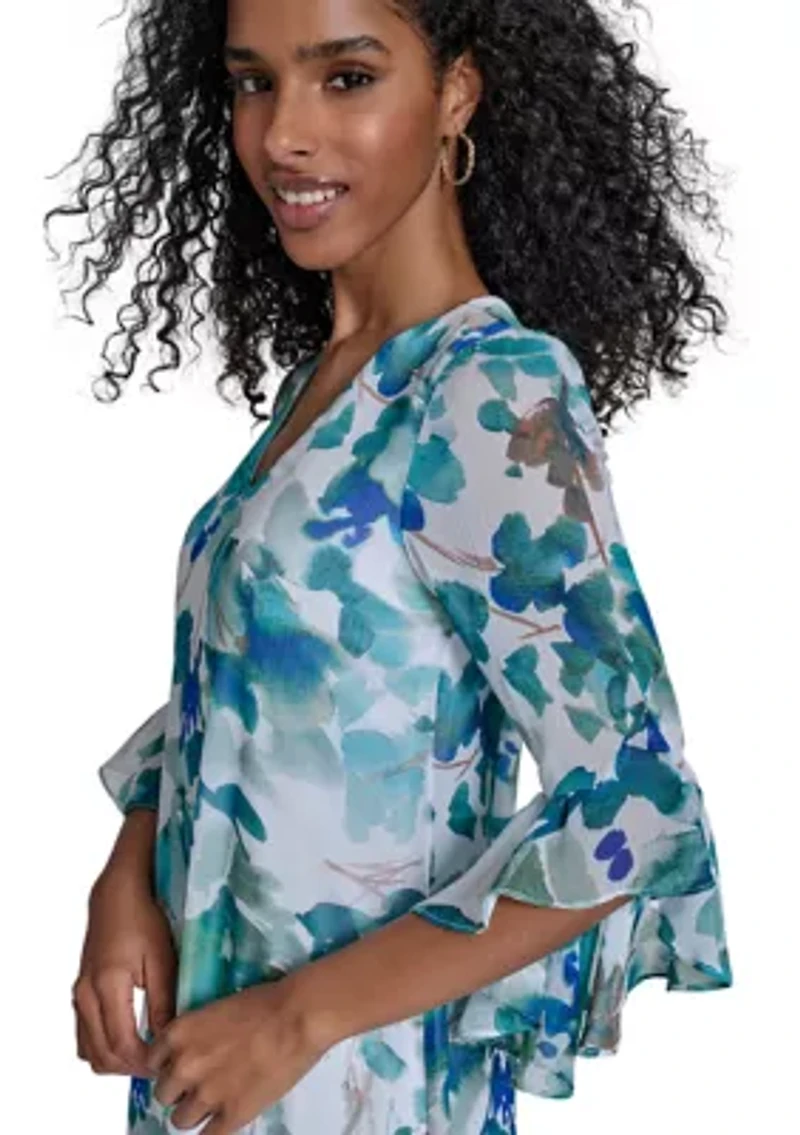 Women's 3/4 Sleeve V-Neck Floral Print A-Line Dress