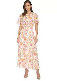 Women's Short Sleeve Crew Neck Floral Maxi Dress