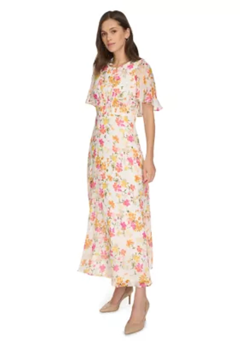 Women's Short Sleeve Crew Neck Floral Maxi Dress