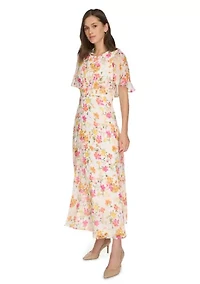 Women's Short Sleeve Crew Neck Floral Maxi Dress