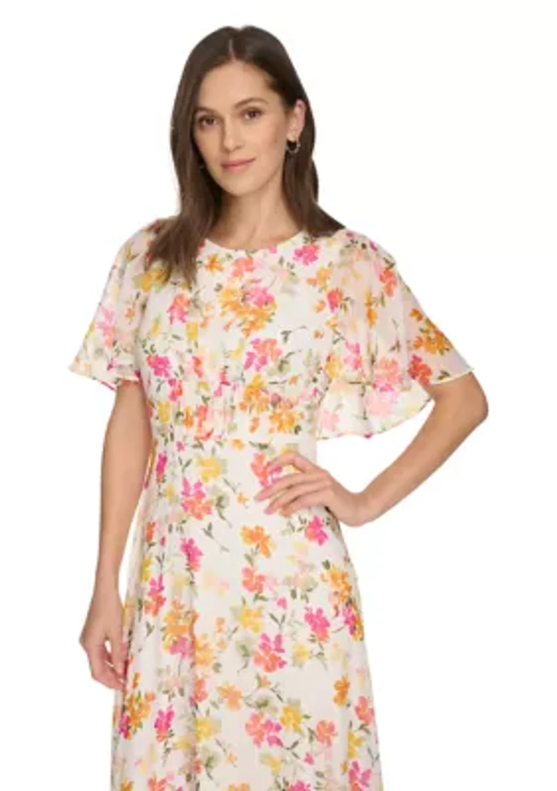 Women's Short Sleeve Crew Neck Floral Maxi Dress