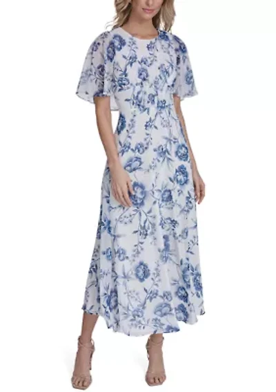Women's Short Sleeve Floral A-Line Maxi Dress