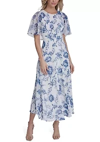 Women's Short Sleeve Floral A-Line Maxi Dress