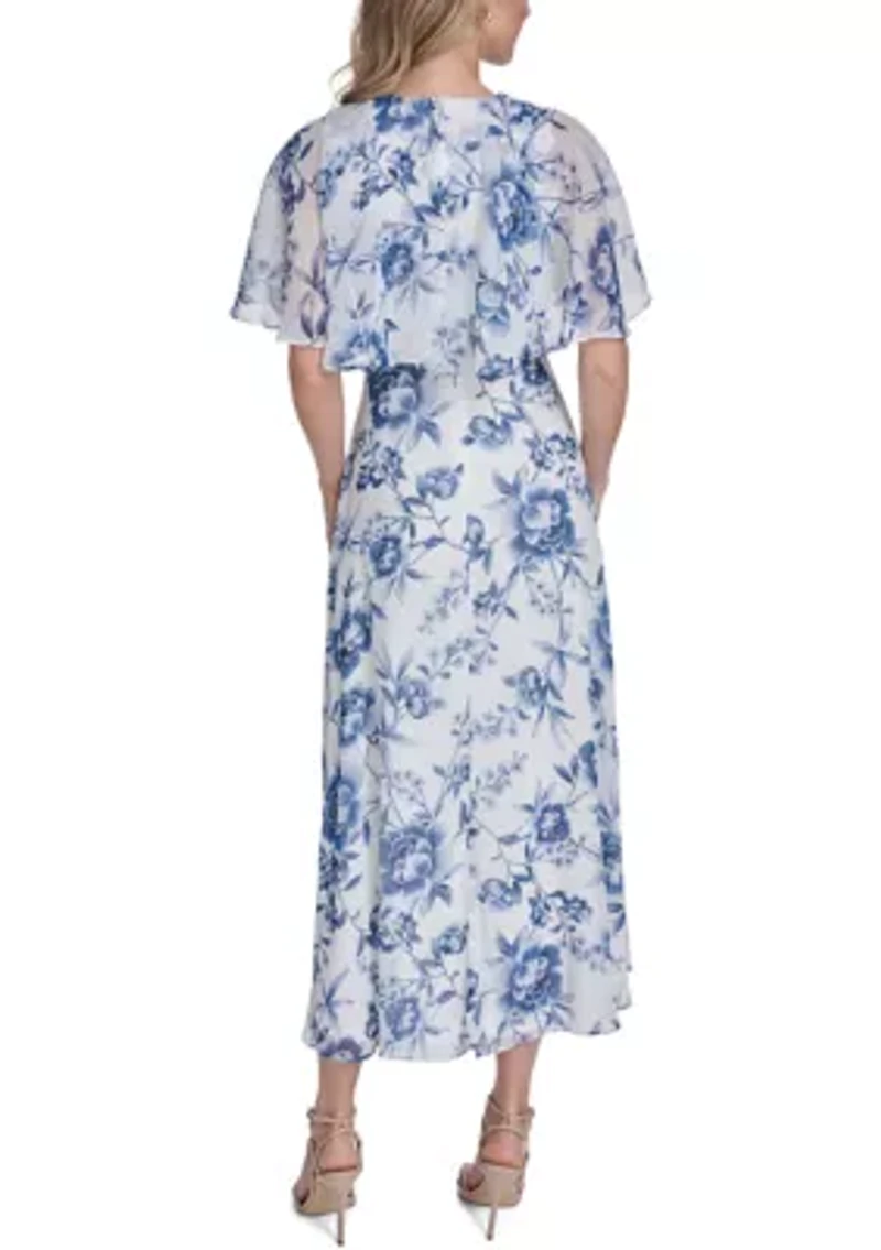 Women's Short Sleeve Floral A-Line Maxi Dress