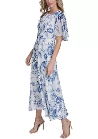 Women's Short Sleeve Floral A-Line Maxi Dress