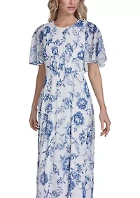 Women's Short Sleeve Floral A-Line Maxi Dress