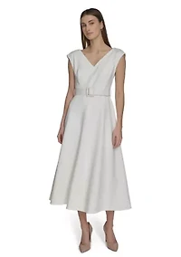 Women's Cap Sleeve V-Neck Belted A-Line Dress