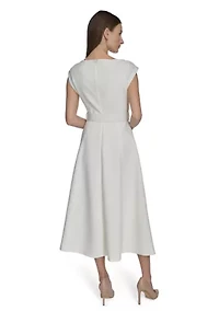 Women's Cap Sleeve V-Neck Belted A-Line Dress