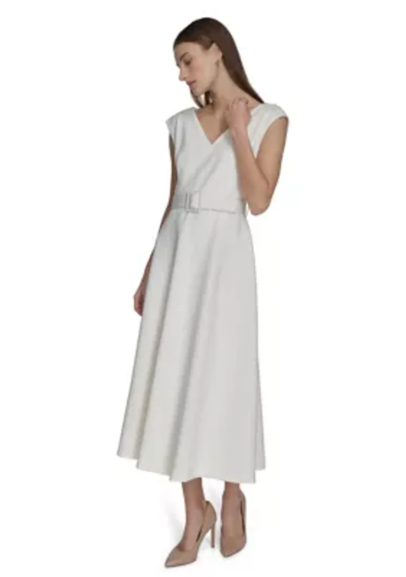 Women's Cap Sleeve V-Neck Belted A-Line Dress