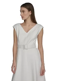 Women's Cap Sleeve V-Neck Belted A-Line Dress