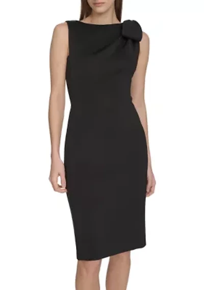 Women's Sleeveless Solid Scuba Sheath Dress with Neck Bow