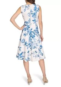 Women's Sleeveless Crew Neck Floral Print Fit and Flare Dress