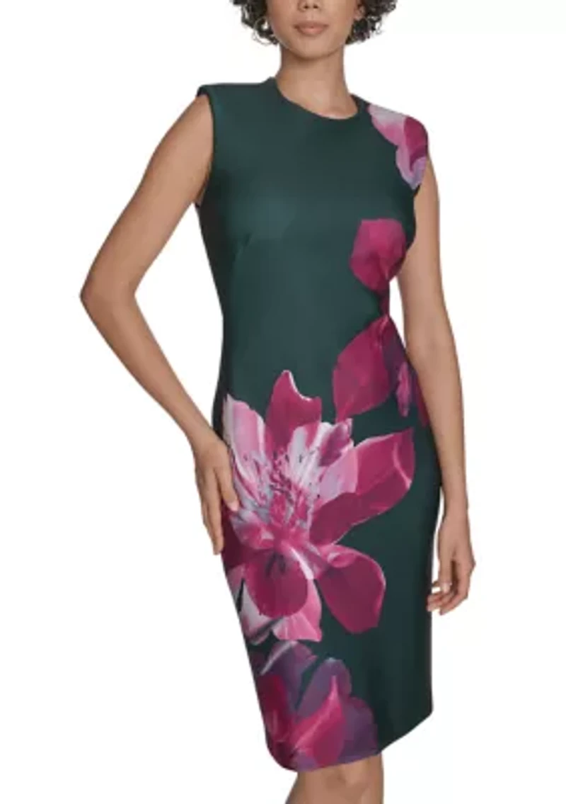Women's Sleeveless Crew Neck Floral Scuba Sheath Dress