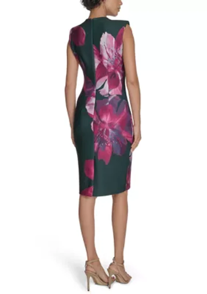 Women's Sleeveless Crew Neck Floral Scuba Sheath Dress