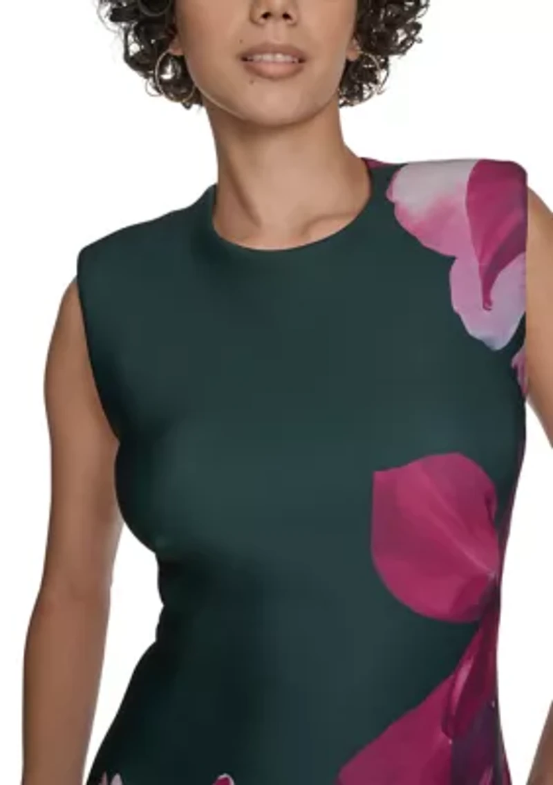 Women's Sleeveless Crew Neck Floral Scuba Sheath Dress