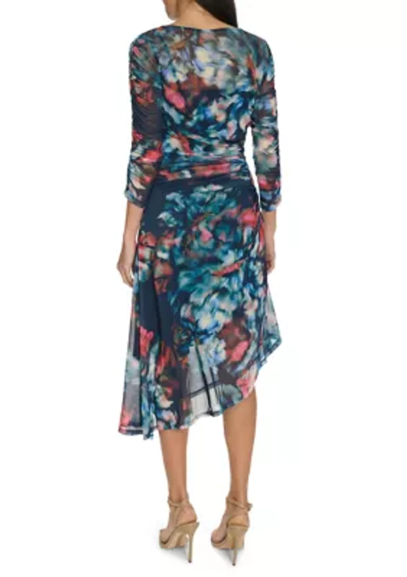 Women's Printed Boat Neck Mesh Slim Dress