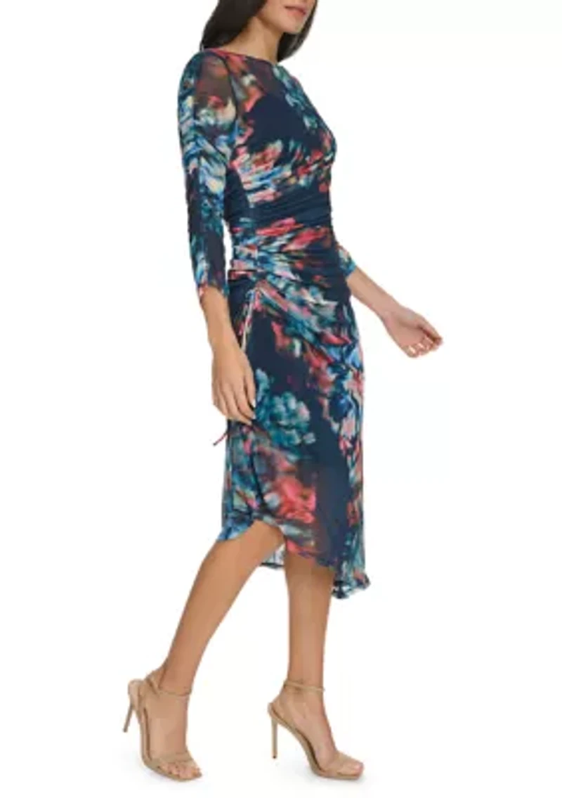 Women's Printed Boat Neck Mesh Slim Dress