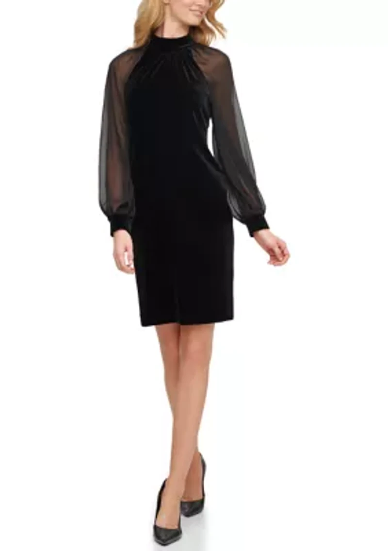 Women's Blouson Sleeve Mock Neck Velvet Sheath Dress