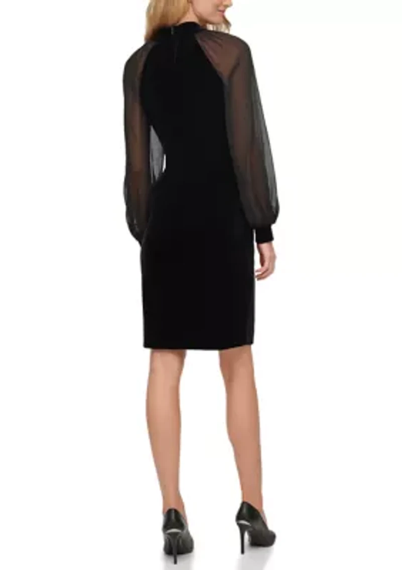 Women's Blouson Sleeve Mock Neck Velvet Sheath Dress