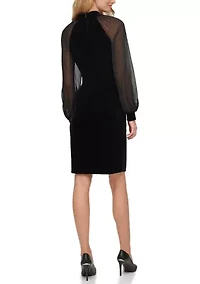 Women's Blouson Sleeve Mock Neck Velvet Sheath Dress