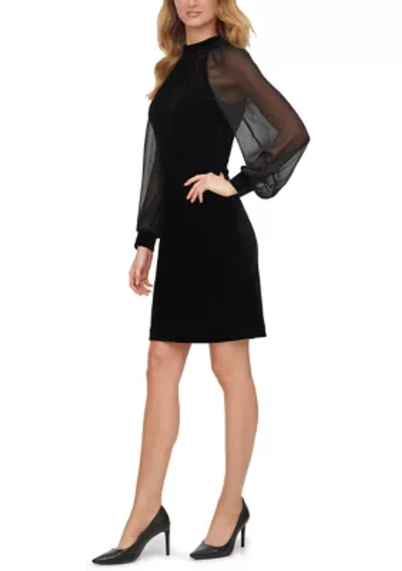 Women's Blouson Sleeve Mock Neck Velvet Sheath Dress