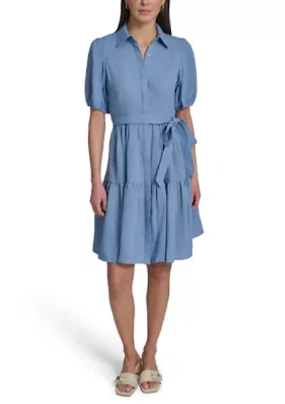 Women's Puff Sleeve Crepe Solid A-Line Dress